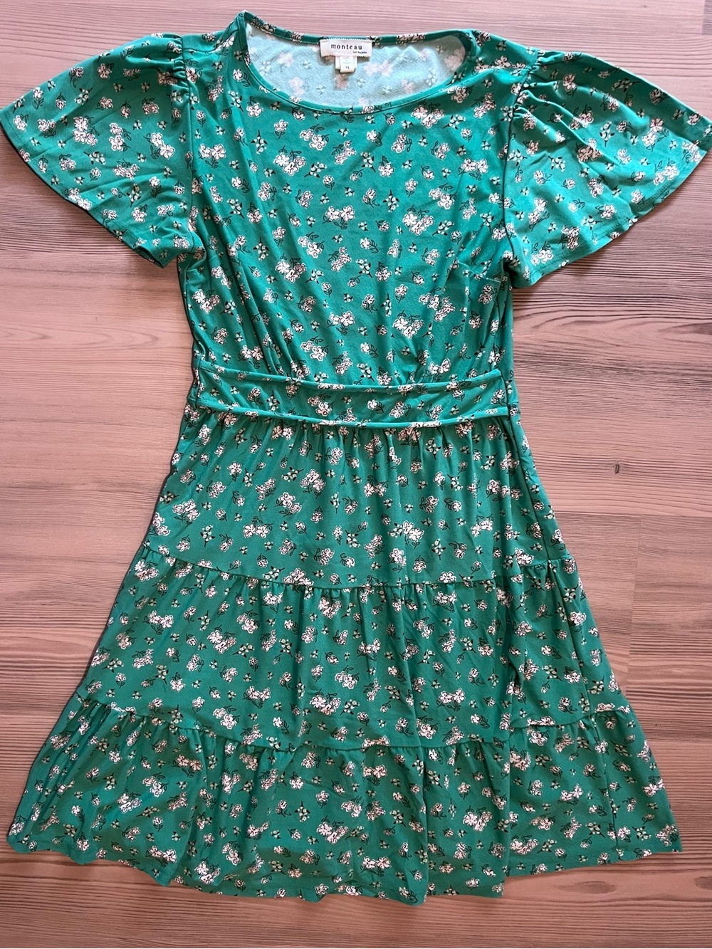 Monteau Green Floral Tiered Short-Sleeve Dress